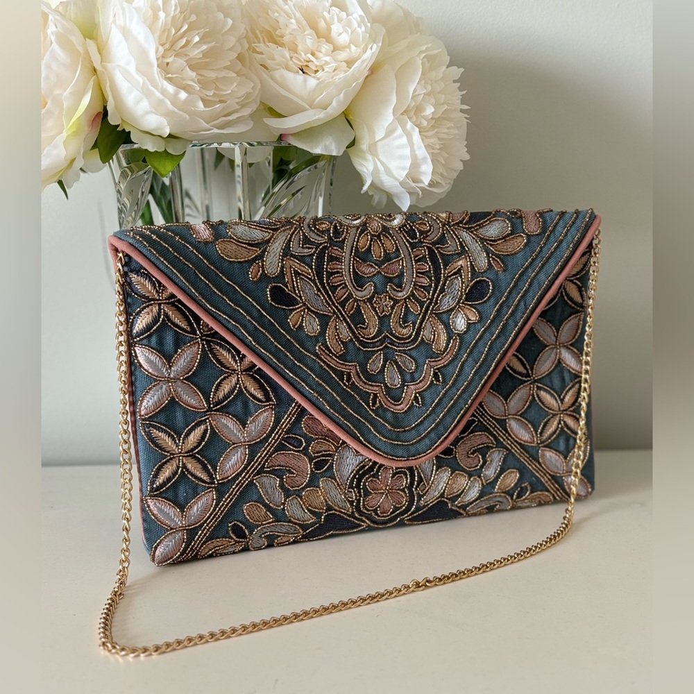 Francesca’s Collection | Beaded Blue Envelope Clutch/Crossbody Purse